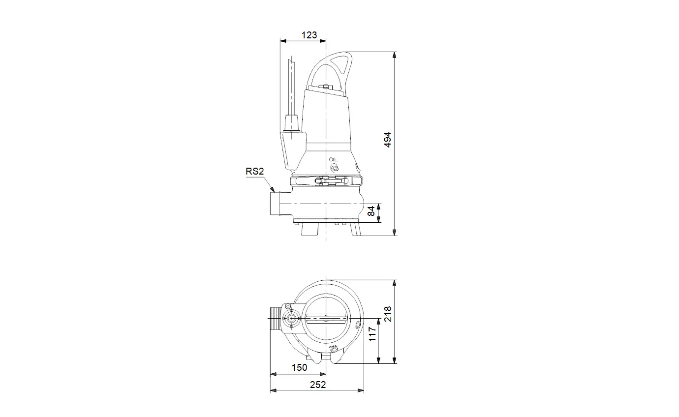 Tauchmotorpumpe von Grundfos mit einem Handgriff, einem elektrischen Anschluss und einem runden Pumpengehäuse. Maße und Details sind im technischen Zeichnungsformat angegeben.